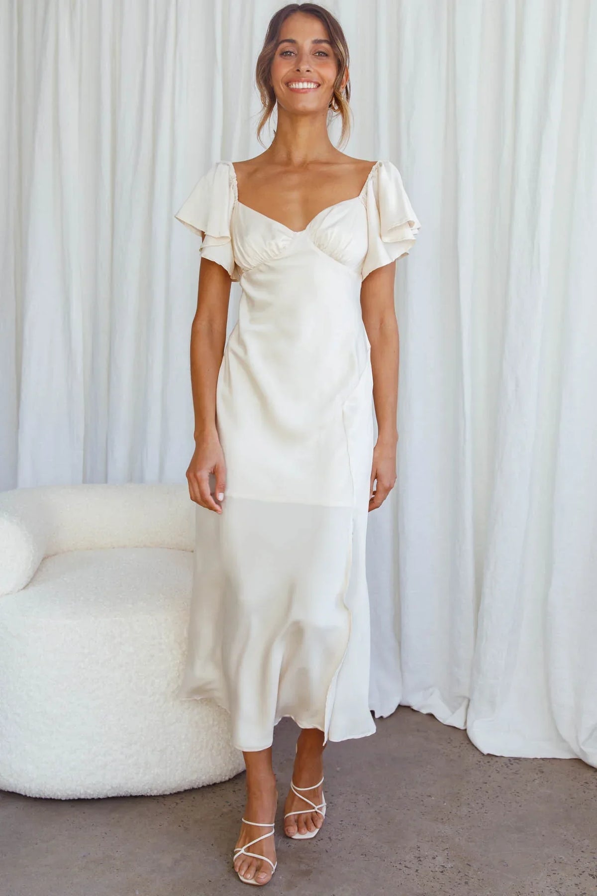 Ivory Flutter Sleeve Side Split Midi Dress