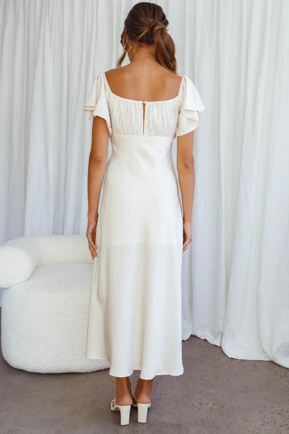 Ivory Flutter Sleeve Side Split Midi Dress