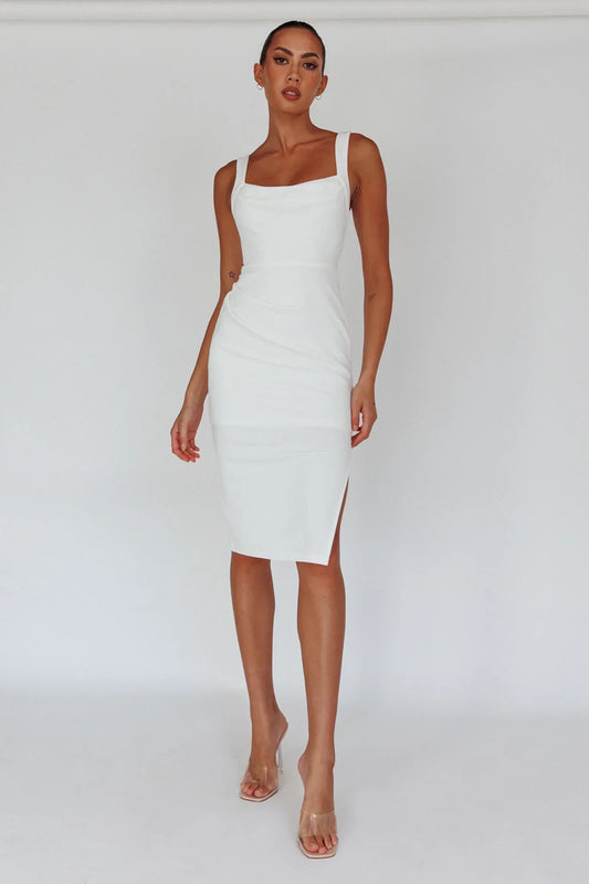 White Cowl Neckline Thick Strap Side Split Knee Length Dress