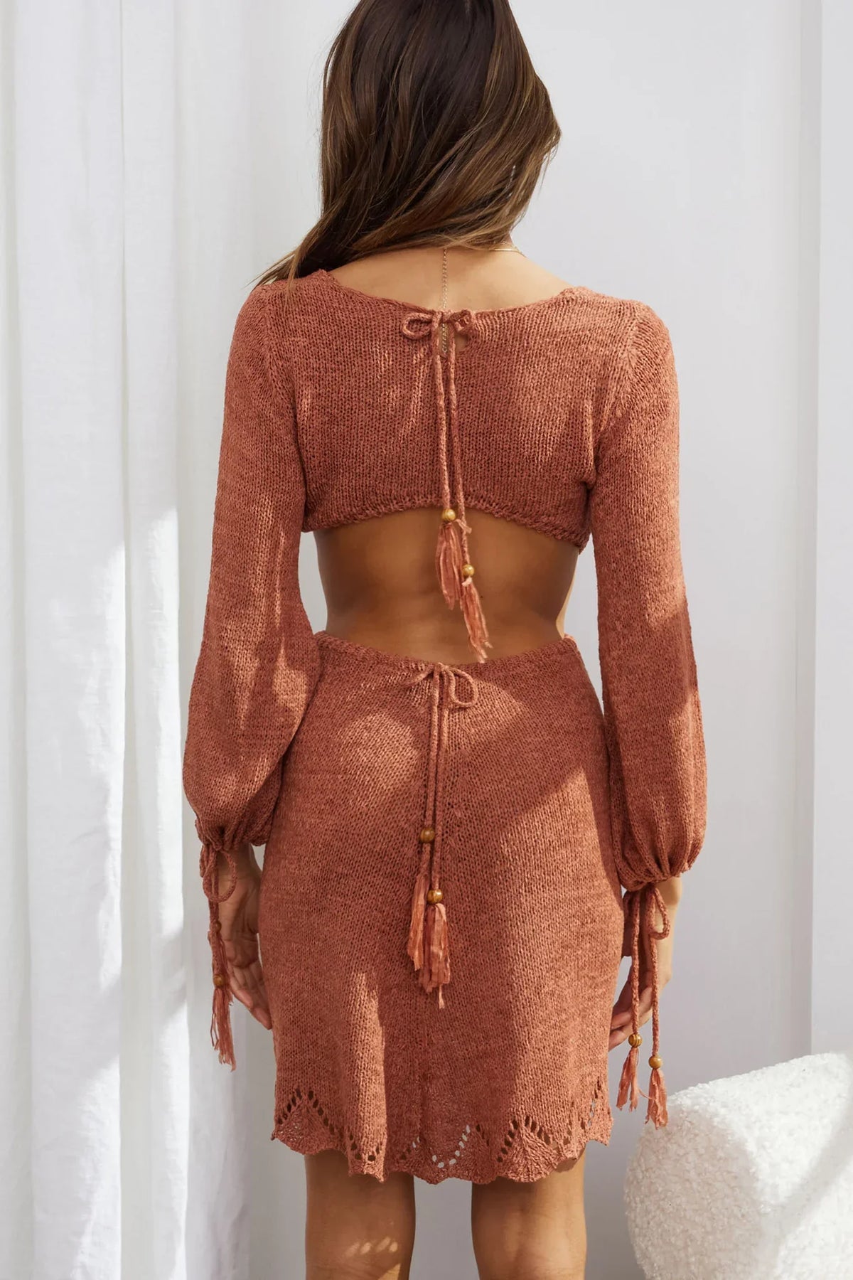 Chocolate Long Sleeve Cut-Out Knit Mini Dress
