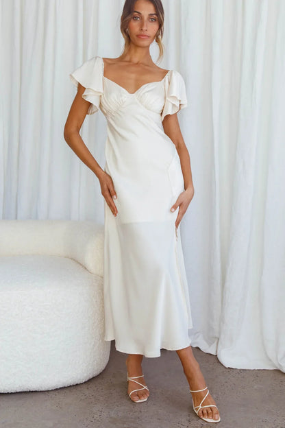 Ivory Flutter Sleeve Side Split Midi Dress
